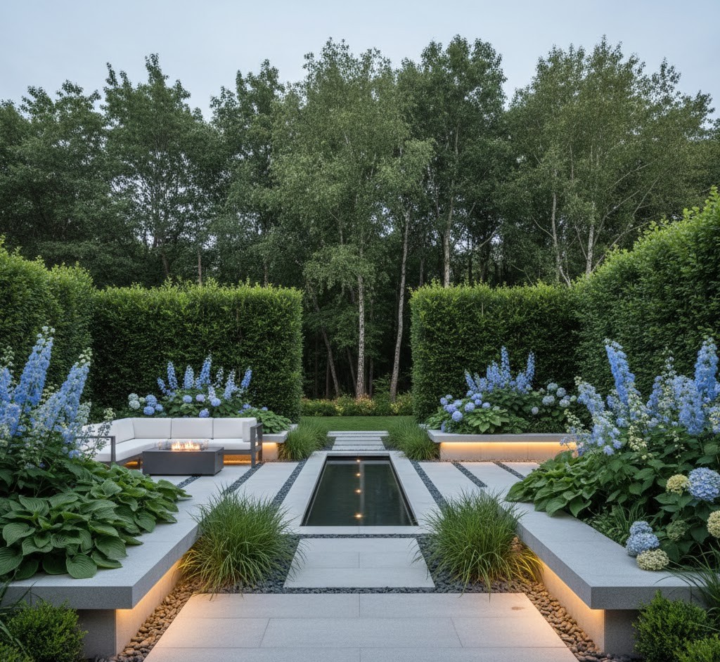Modern garden with water feature and clean lines